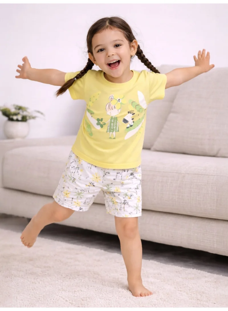 فكتور اند جين Girls Nature Print Cotton Pajama Set – T-Shirt & Shorts Nightwear